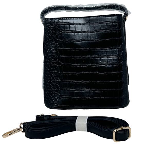 AOTA Bucket Bag Vegan Leather Top Handle Black Croc Embossed Elena NEW - Picture 3 of 12